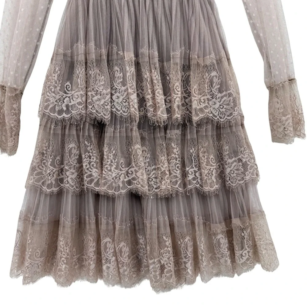 BooHoo Midi Long Sleeve Dress Tule Tiered Size 8‎ Tan Lace Sheer Romantic - Picture 4 of 13